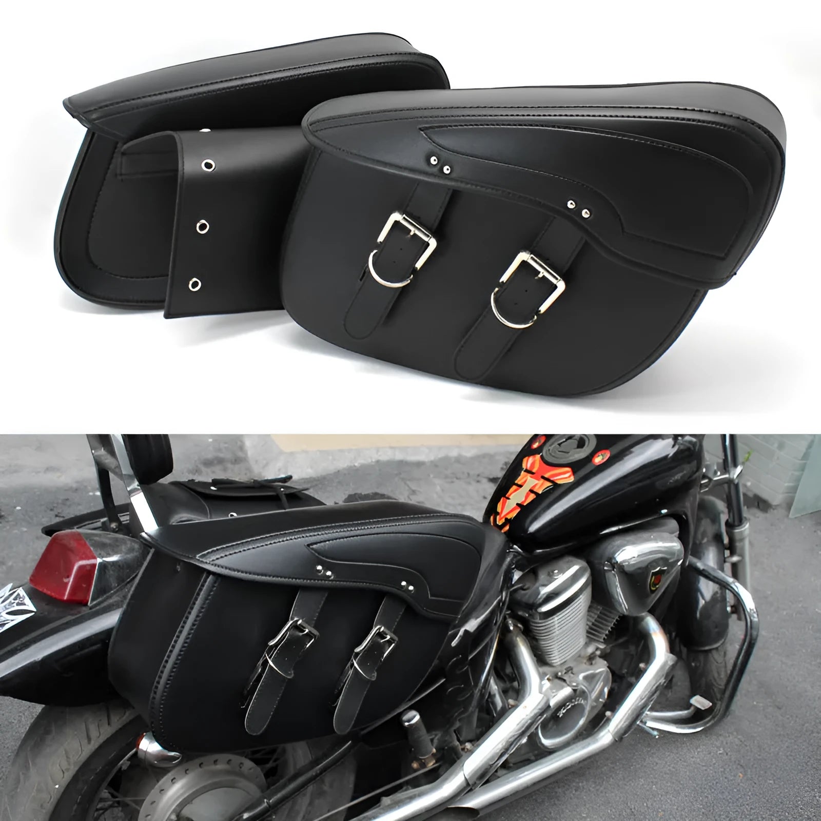 Black retro wind PU leather motorcycle side box saddle bag measuring 42cm x 15cm x 30cm