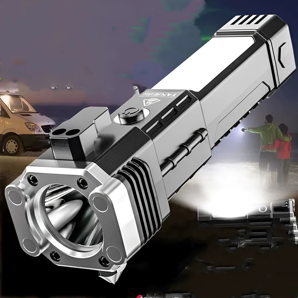 Silver portable flashlight with USB charging port, functioning as a power bank and LED work light.