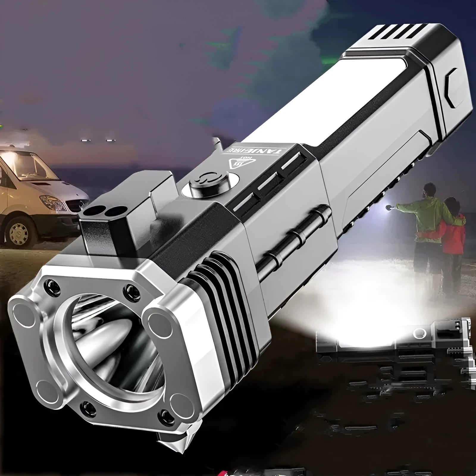 Silver portable flashlight with USB charging port, functioning as a power bank and LED work light.