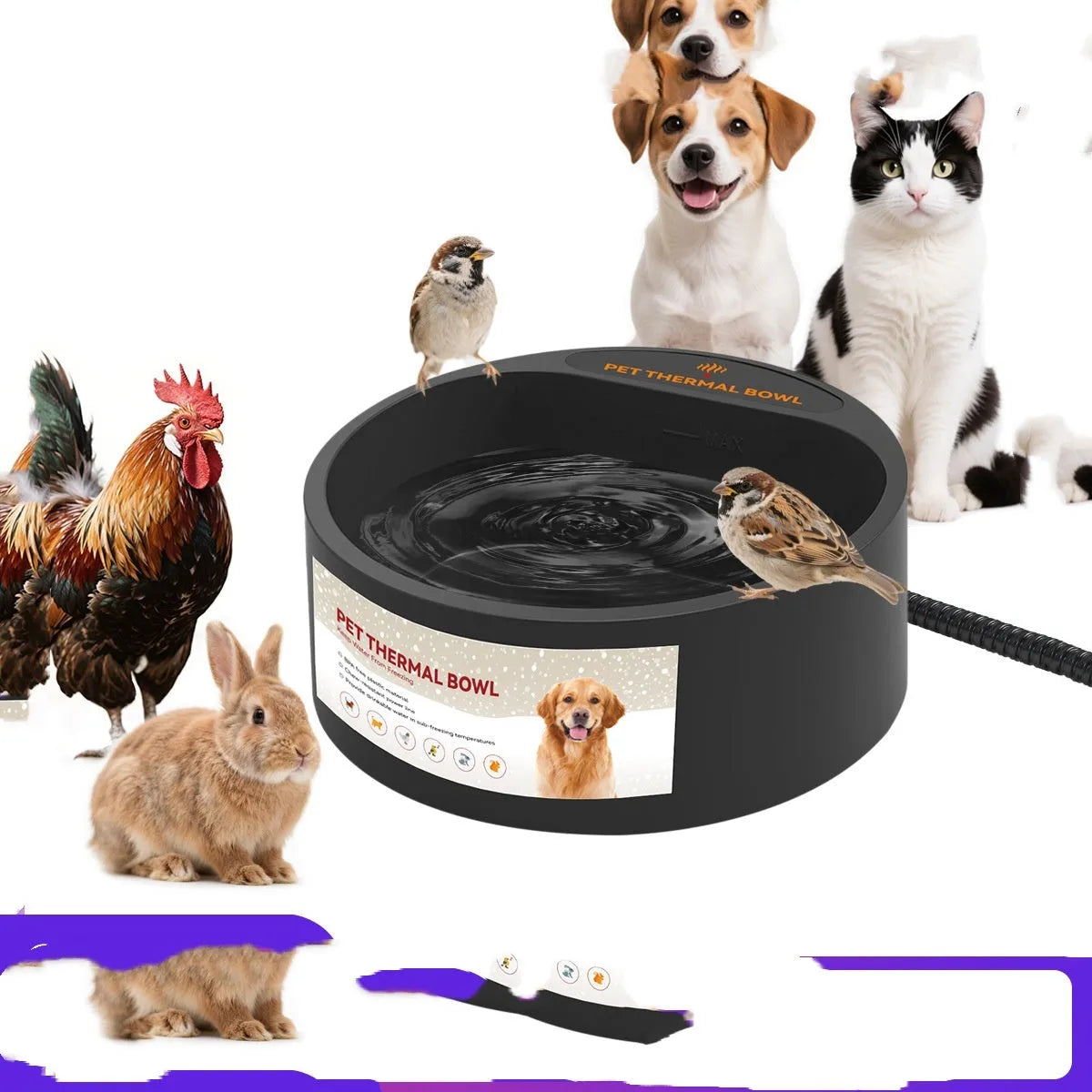 Black ABS plastic pet heating bowl with 35W constant temperature element and 2.2 litre capacity.