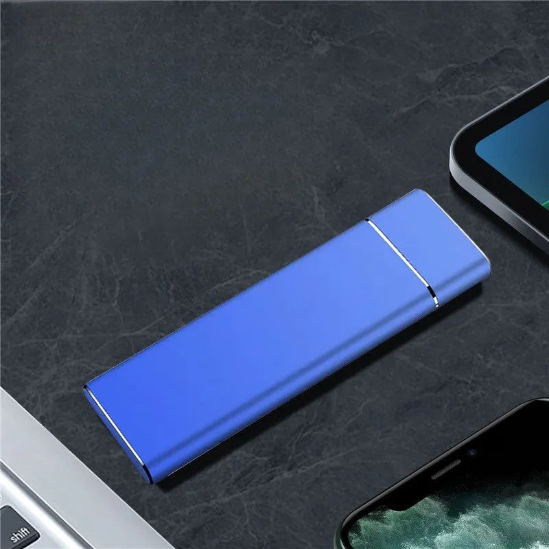 Portable metal solid state external hard disk in Sapphire Blue with USB cable