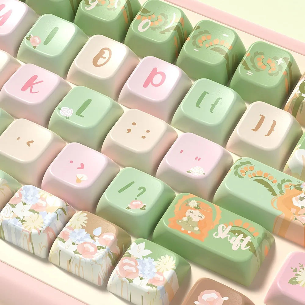 Mu Xia Garden Summer Garden dye-sublimated mechanical keyboard keycap set showing colourful design.