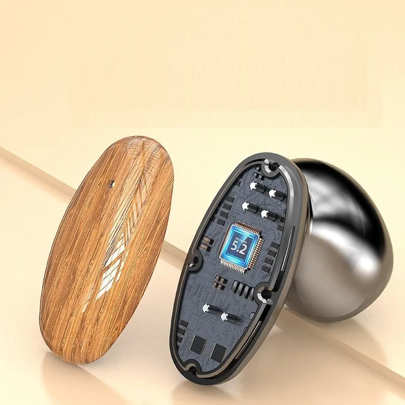 M35 wood grain finish true wireless stereo Bluetooth headset with charging case on display.