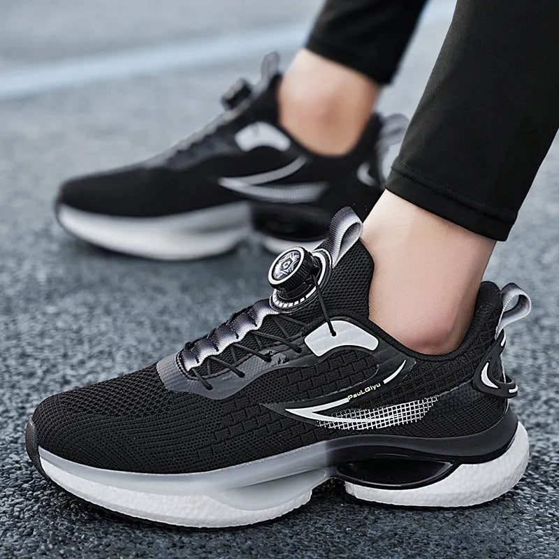 Men's white running shoes with rotating button closure and breathable mesh upper in low-top Korean style design