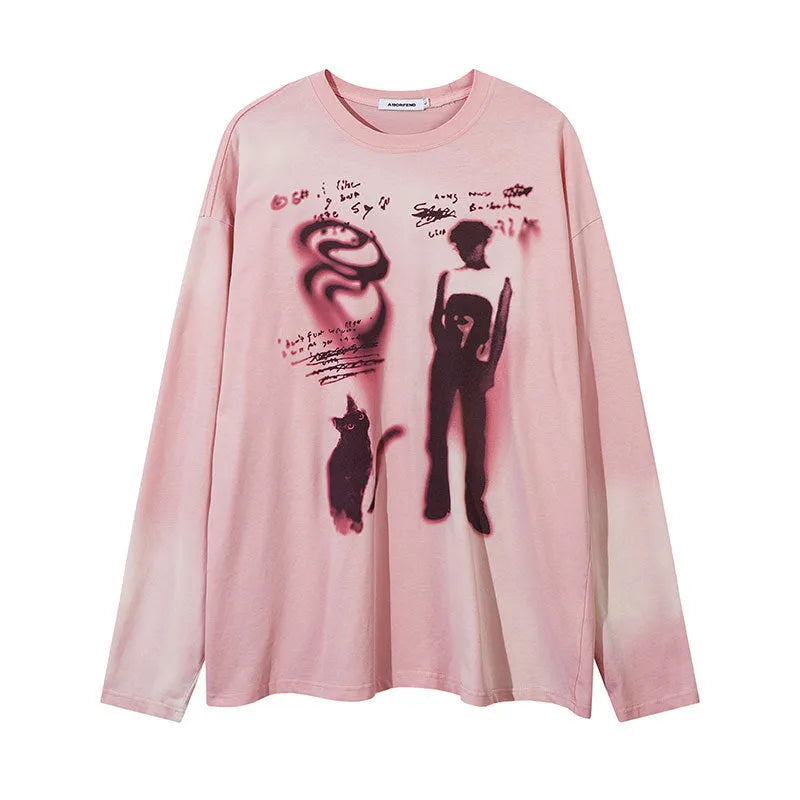 Women's loose fit cotton pullover top with letter pattern in dark grey and pink colours