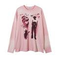 Women's loose fit cotton pullover top with letter pattern in dark grey and pink colours