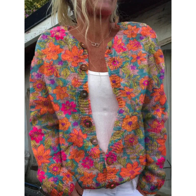 Yellow knitted cardigan coat with a raised 3D digital print pattern