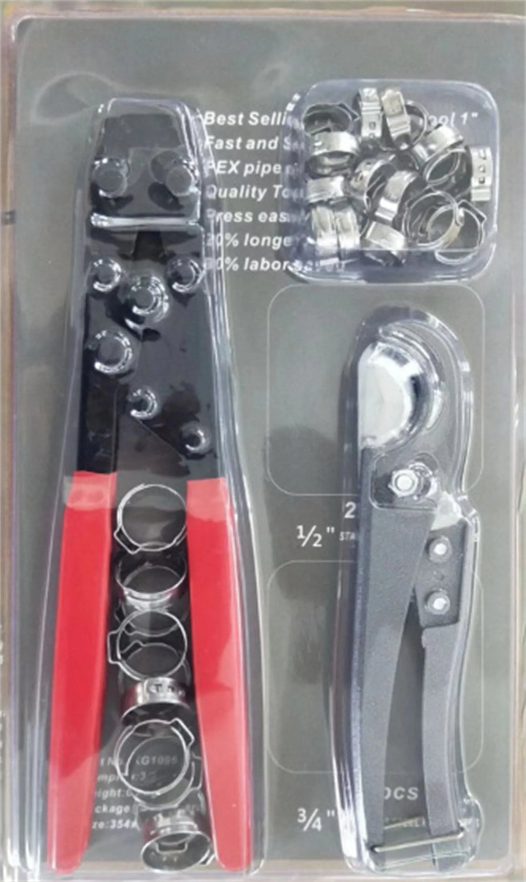 Red cloth style single ear PEX clamp set with metal construction and carbon steel cutting edge