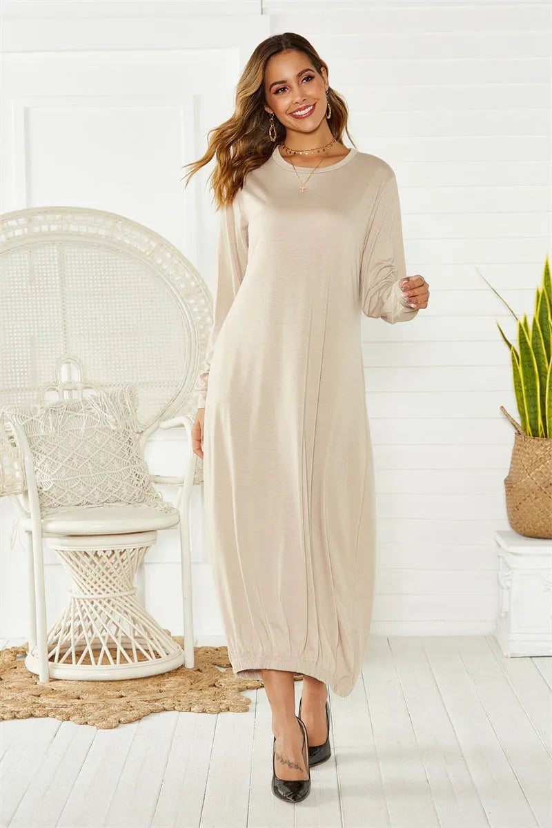 Black loose lantern dress with lace-up crew neck, knit polyester casual style