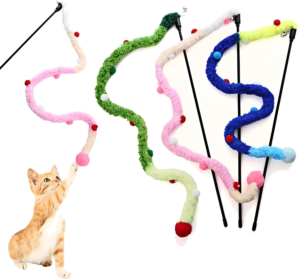 Cat wand toy with colourful fluffy ball and bell on 60cm plush strip attached to 41cm pole