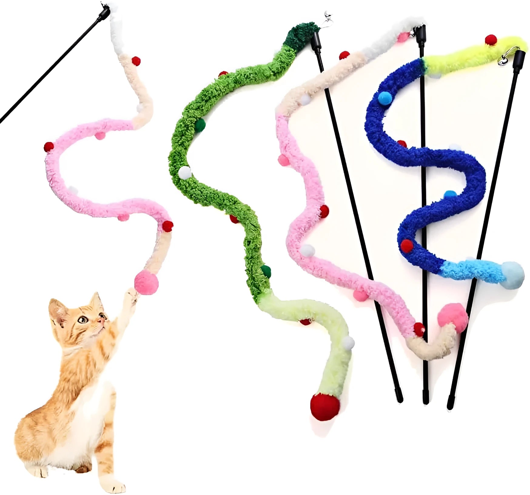 Cat wand toy with colourful fluffy ball and bell on 60cm plush strip attached to 41cm pole