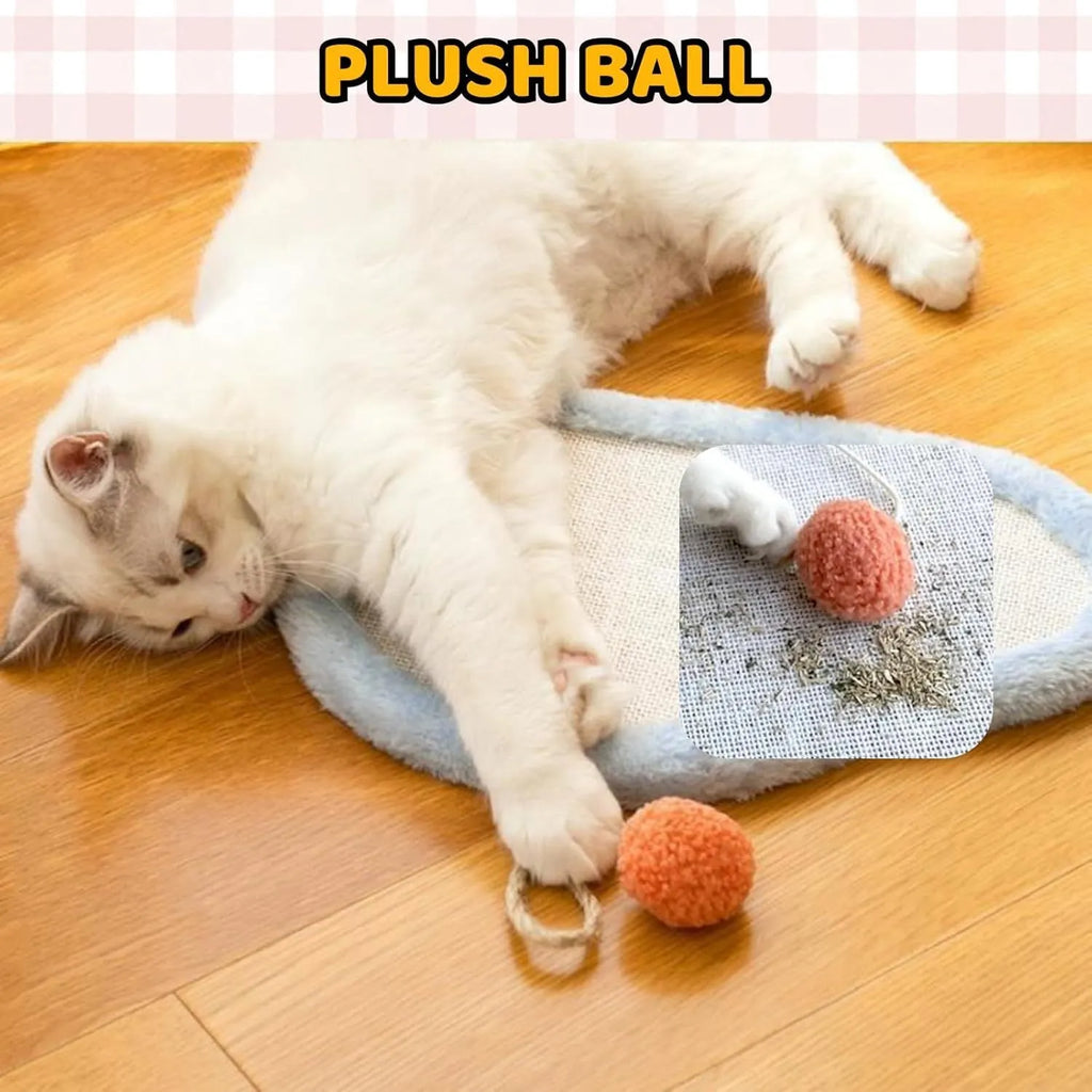 White sisal cat scratching mat with sleeping cat cartoon design mounted on a wall