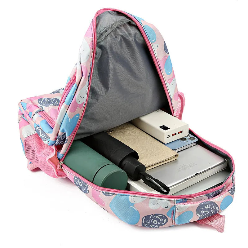 Student backpack with air pillow belt back support in blue, grey, pink, or rose red colour