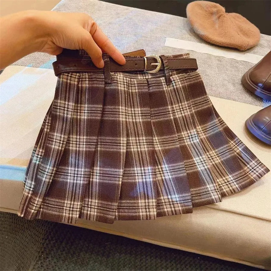 Children's plaid pattern pleated skirt in cotton blend fabric with A-line cut design