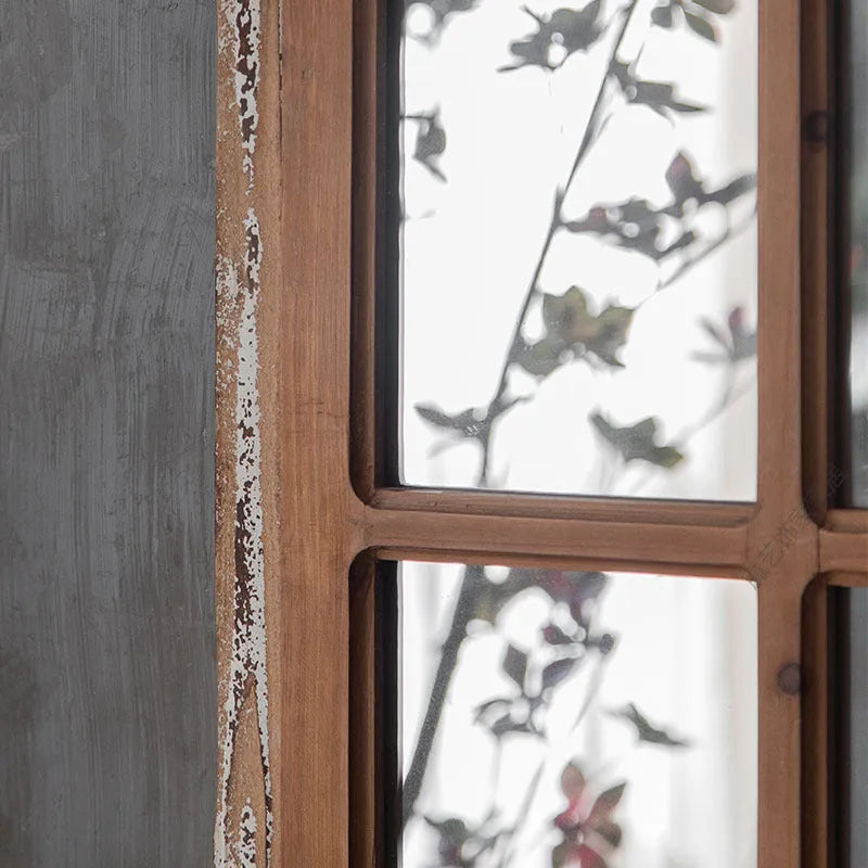 Log colour distressed fake window design wall mirror with wooden glass frame