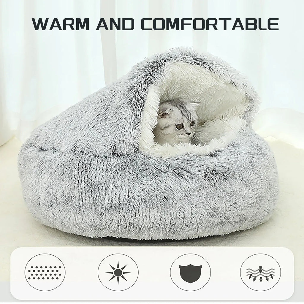 Round plush hooded cat bed in faux fur with non-skid base, semi-enclosed donut shape, available in 40cm, 50cm, 60cm