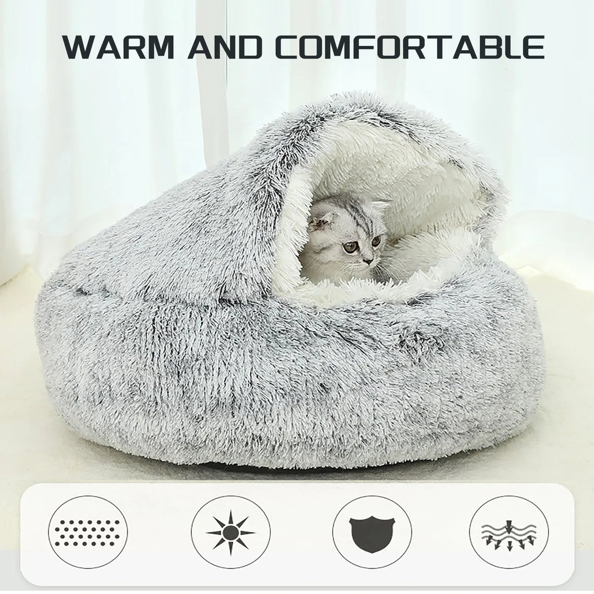 Round plush hooded cat bed in faux fur with non-skid base, semi-enclosed donut shape, available in 40cm, 50cm, 60cm