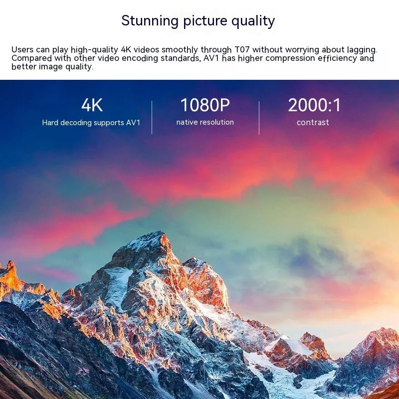 T07 Full HD Smart Projector with Android system showing white housing and remote control