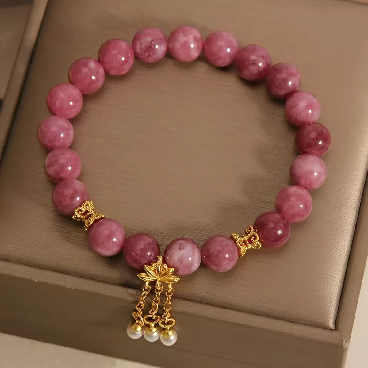 Pink lotus tassel natural stone bracelet with pearl pendant and crystal beads for women