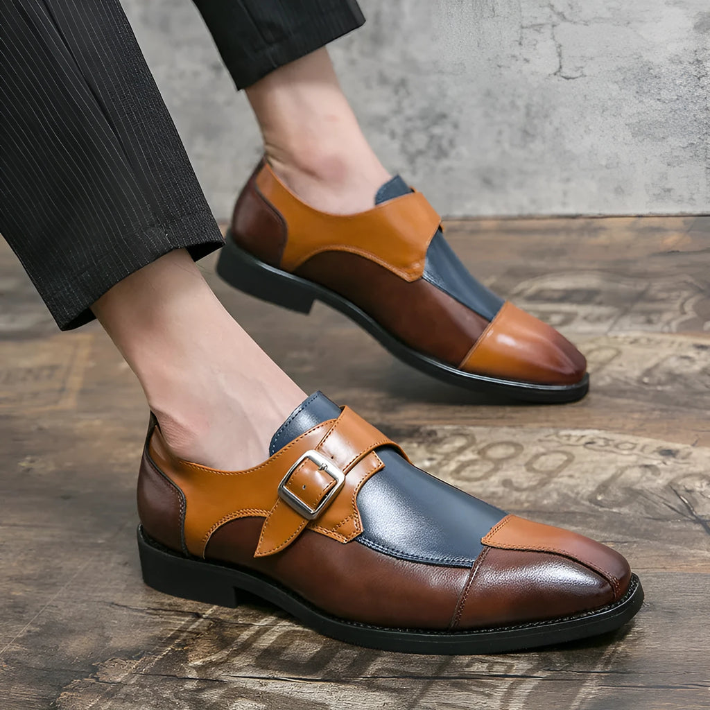 Men's British retro style buckle casual shoes in microfiber with tall crown upper