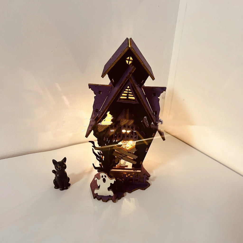DIY wooden glowing haunted house Halloween decoration and candlestick holder, unassembled craft kit.