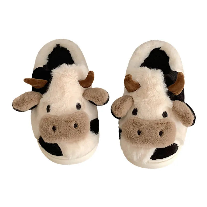 Women's white cartoon cow slippers with fluffy faux fur and anti-slip textured soles