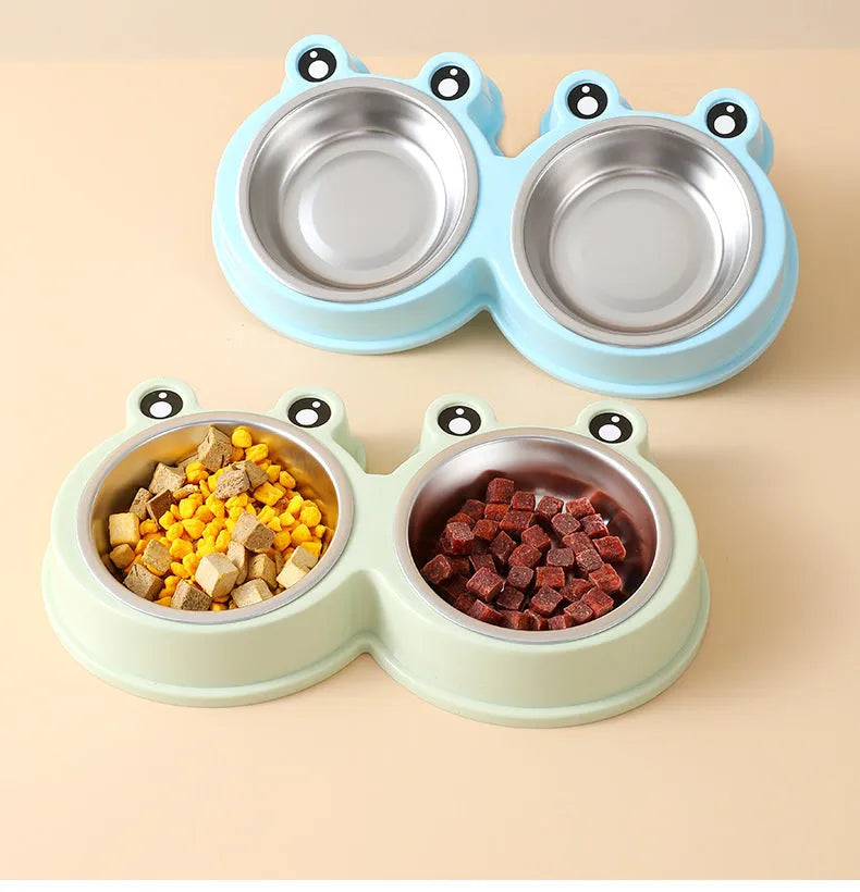 Stainless steel pet bowl with ceramic frog base and dual food water compartments
