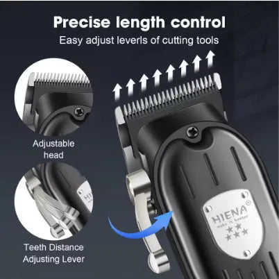 Black professional hair clipper set with foil shaver attachment and LED display.