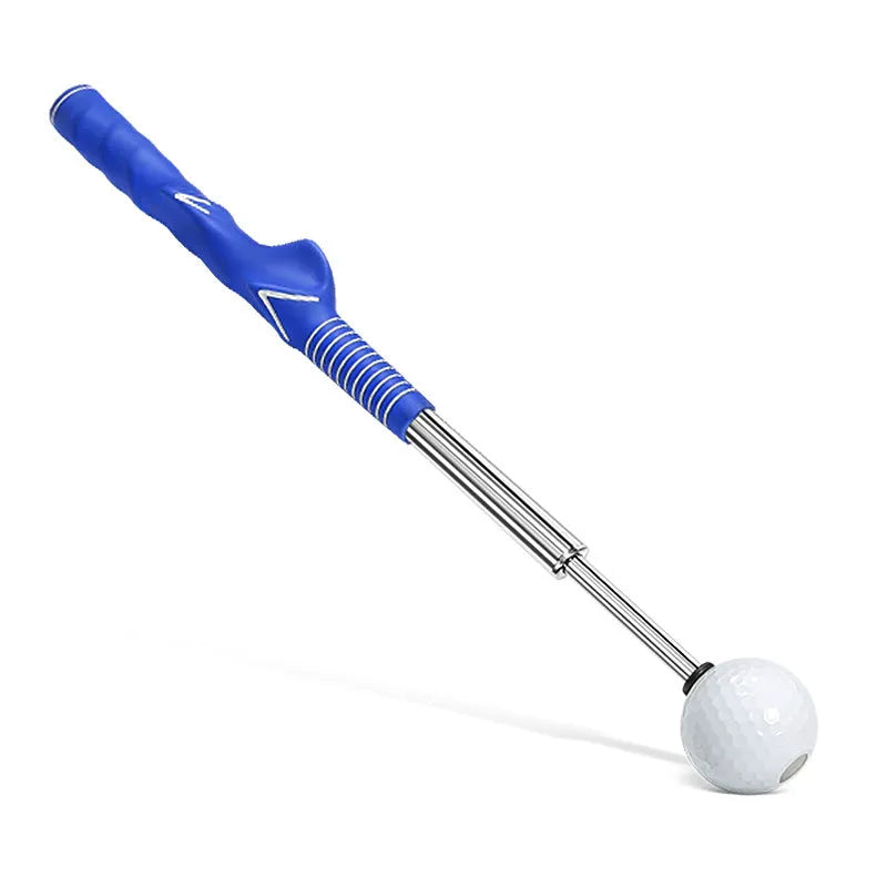 Telescopic golf swing simulator in stainless steel, shown in black, blue, and red colour options.