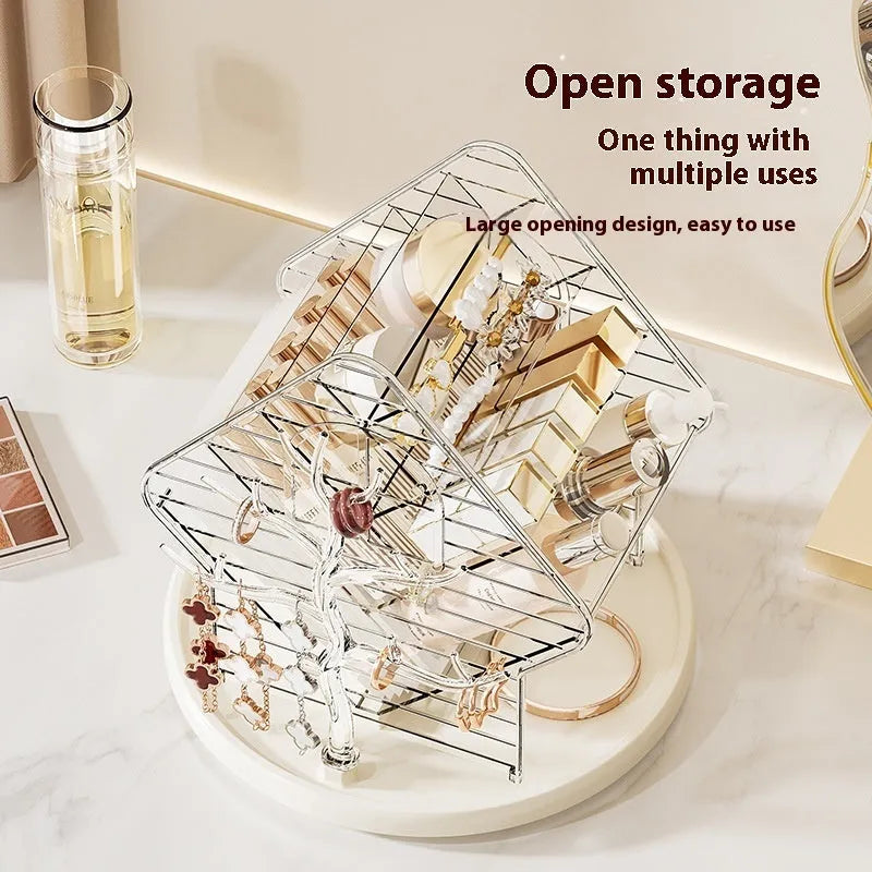 Rotating transparent cosmetics storage box with 360° rotation in light luxury style