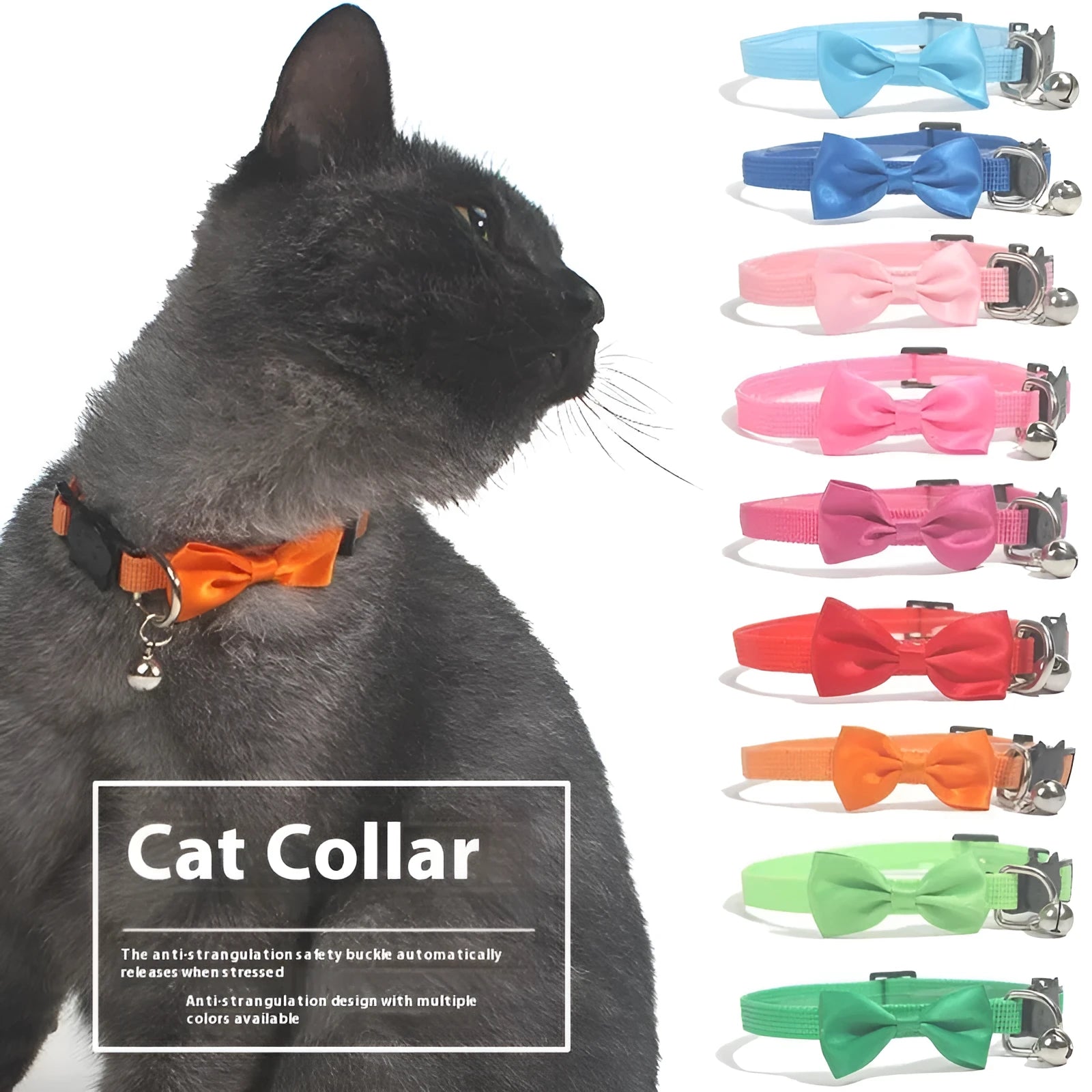Striped nylon bow cat collar with bell in fluorescent green colour option