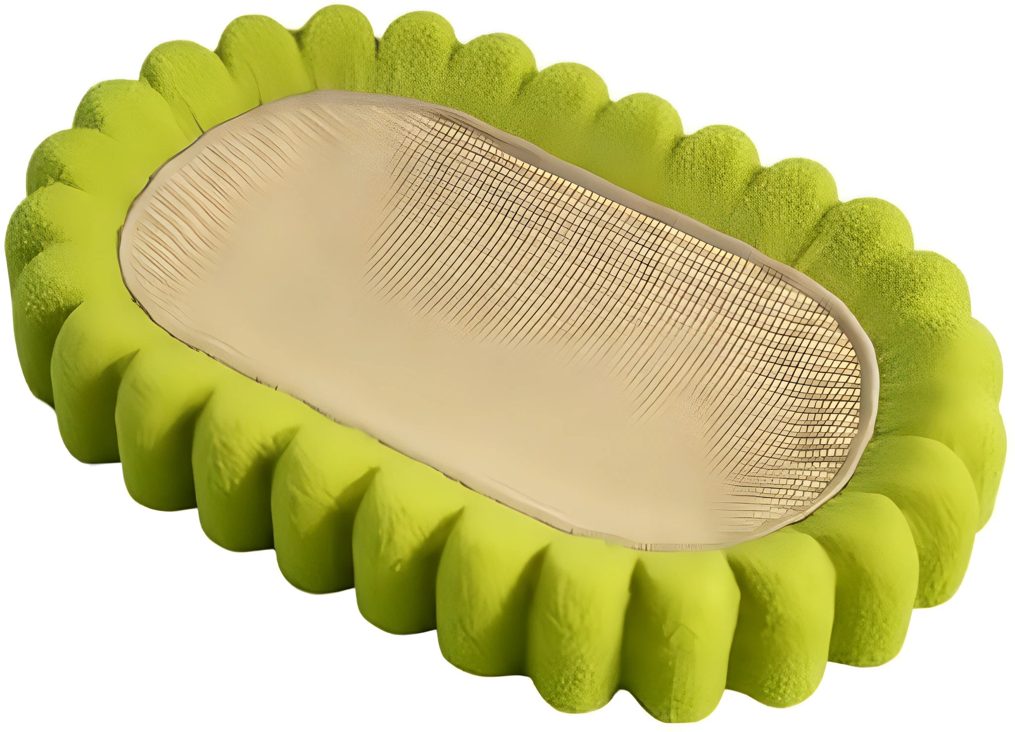 Green oval sisal cat scratching pad serving as a lounging bed with dimensions 650mm by 420mm.