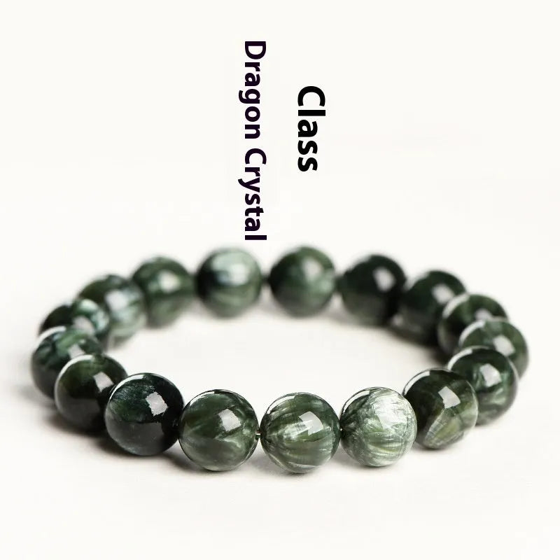 Natural green Grade 7A Green Dragon Crystal bracelet with 8-9mm round beads and Ruyi elements