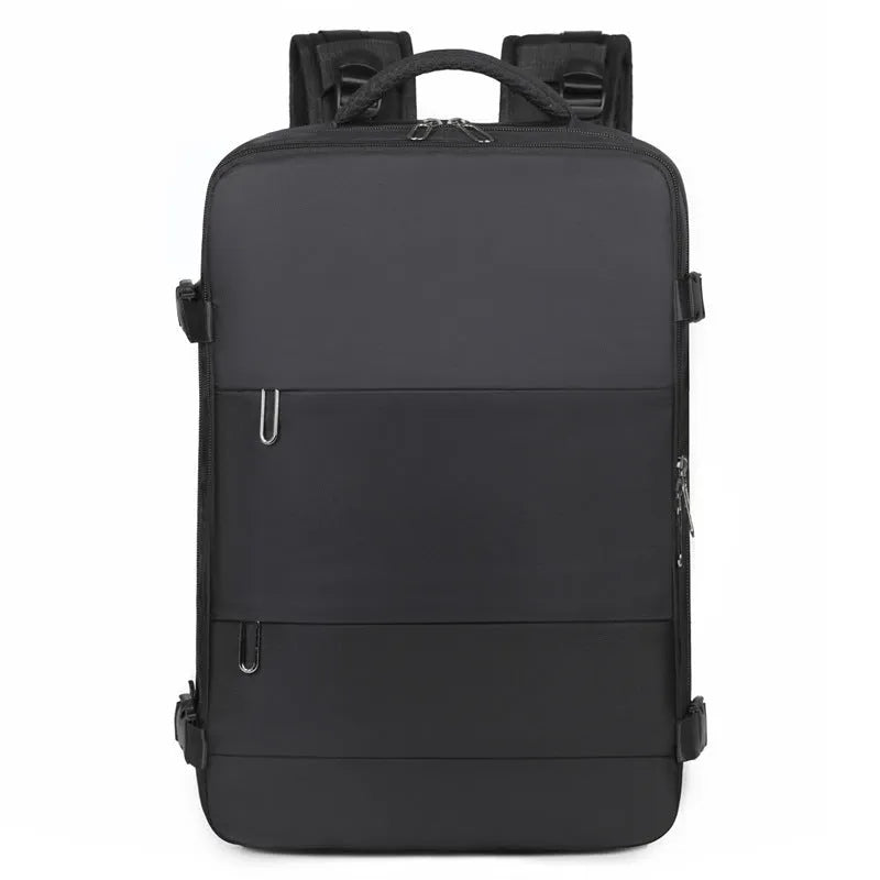 Large capacity travel backpack in purple with multiple compartments and air pillow belt system