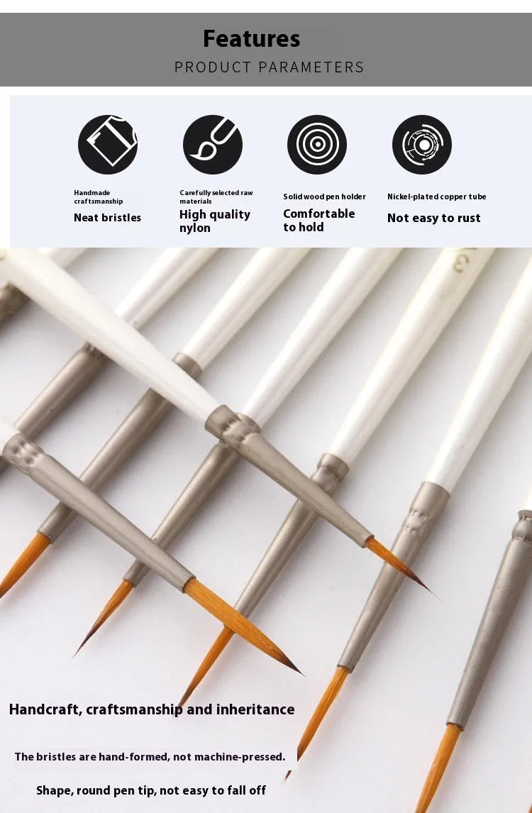 Set of 12 fluorescent pearl white nylon wool hook art brushes in a solid wood pen holder.