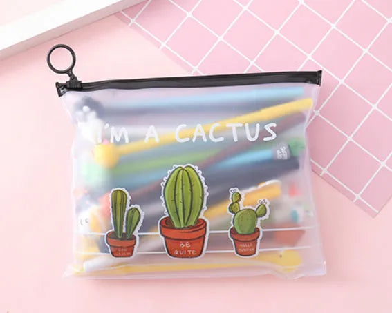 Marvel cactus cartoon pen set showing 20 colourful 0.5mm black ink pens in plastic carrying case