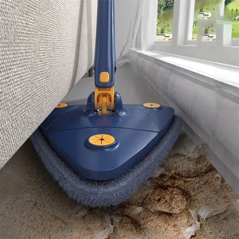 Blue triangle cleaning mop with extendable pole rotating to clean wall corners