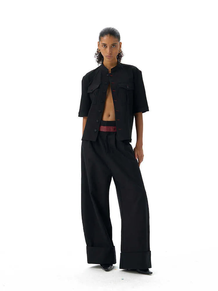 Black handmade red eye hunting half sleeve shirt with shirt collar and loose fit design