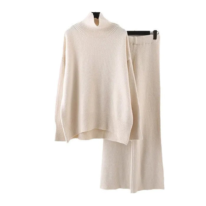 Women's casual acrylic fibre sweater and wide leg pants two-piece set in a solid colour.
