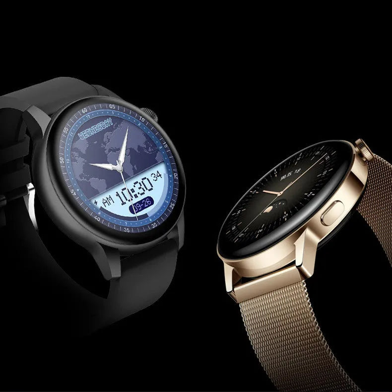 Smart watch with 1.3-inch colour touch screen in a stainless steel case, shown in black, pink, and silver colours