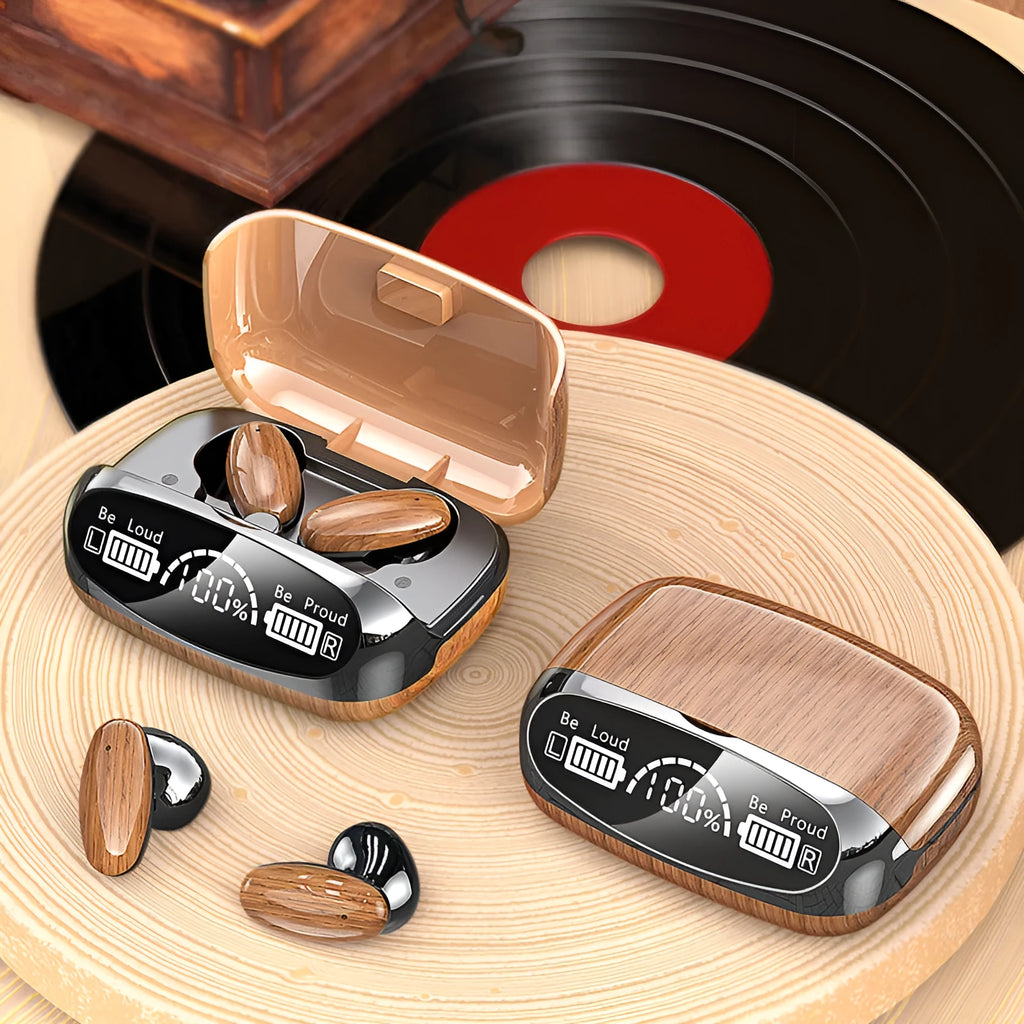 M35 wood grain finish true wireless stereo Bluetooth headset with charging case on display.