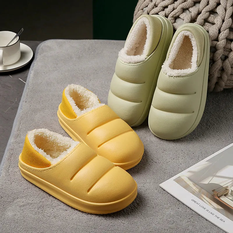 Waterproof EVA couple slippers in various colours with plush lining and non-slip soles