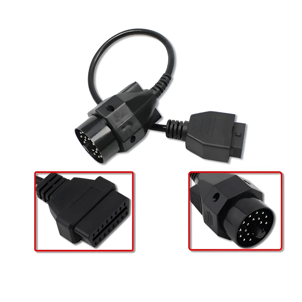 BMW 20-pin to standard 16-pin OBD2 diagnostic adapter cable on a white background.