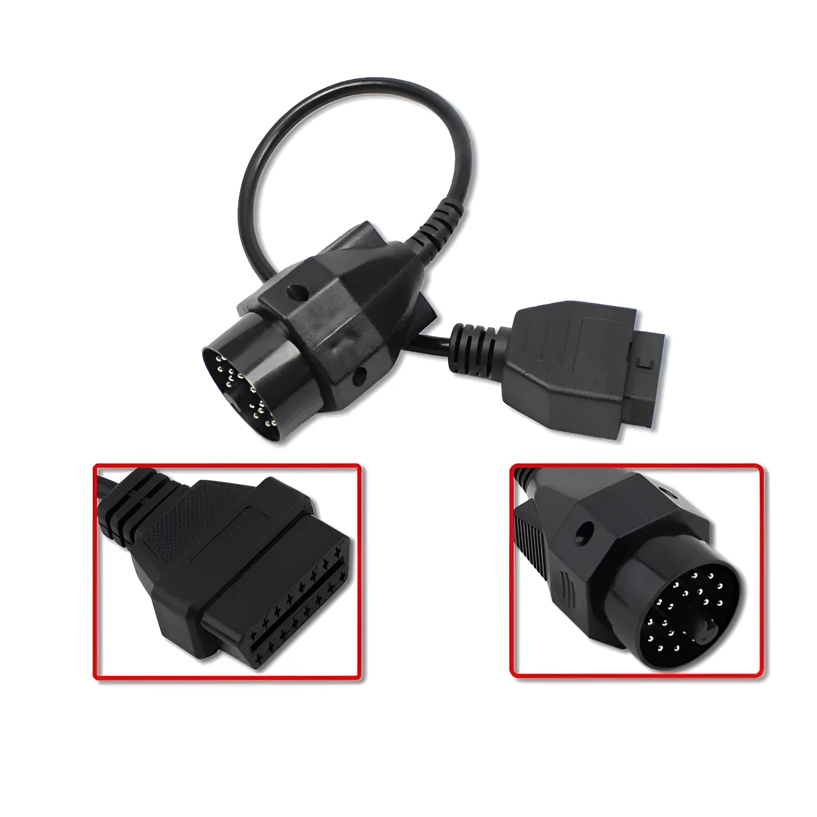 BMW 20-pin to standard 16-pin OBD2 diagnostic adapter cable on a white background.