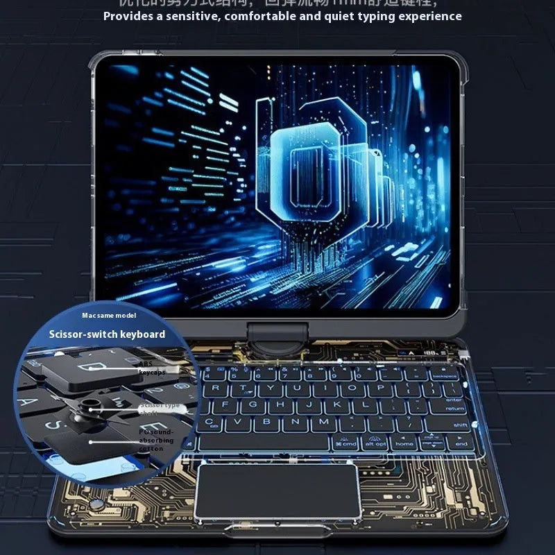 Transparent rotating keyboard integrated into a protective case for an Apple iPad tablet.
