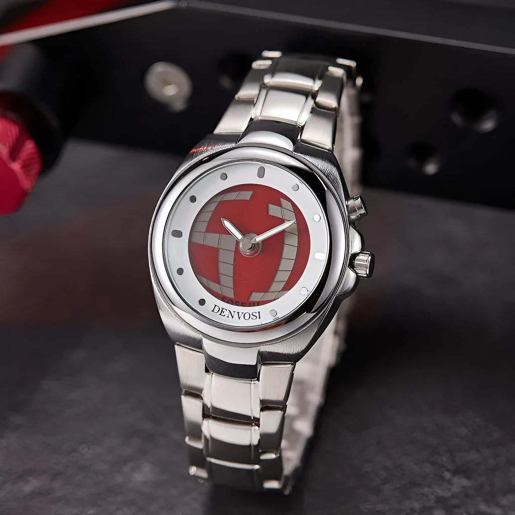 Y2K vintage digital watch with dual display showing 40mm red face and alloy strap