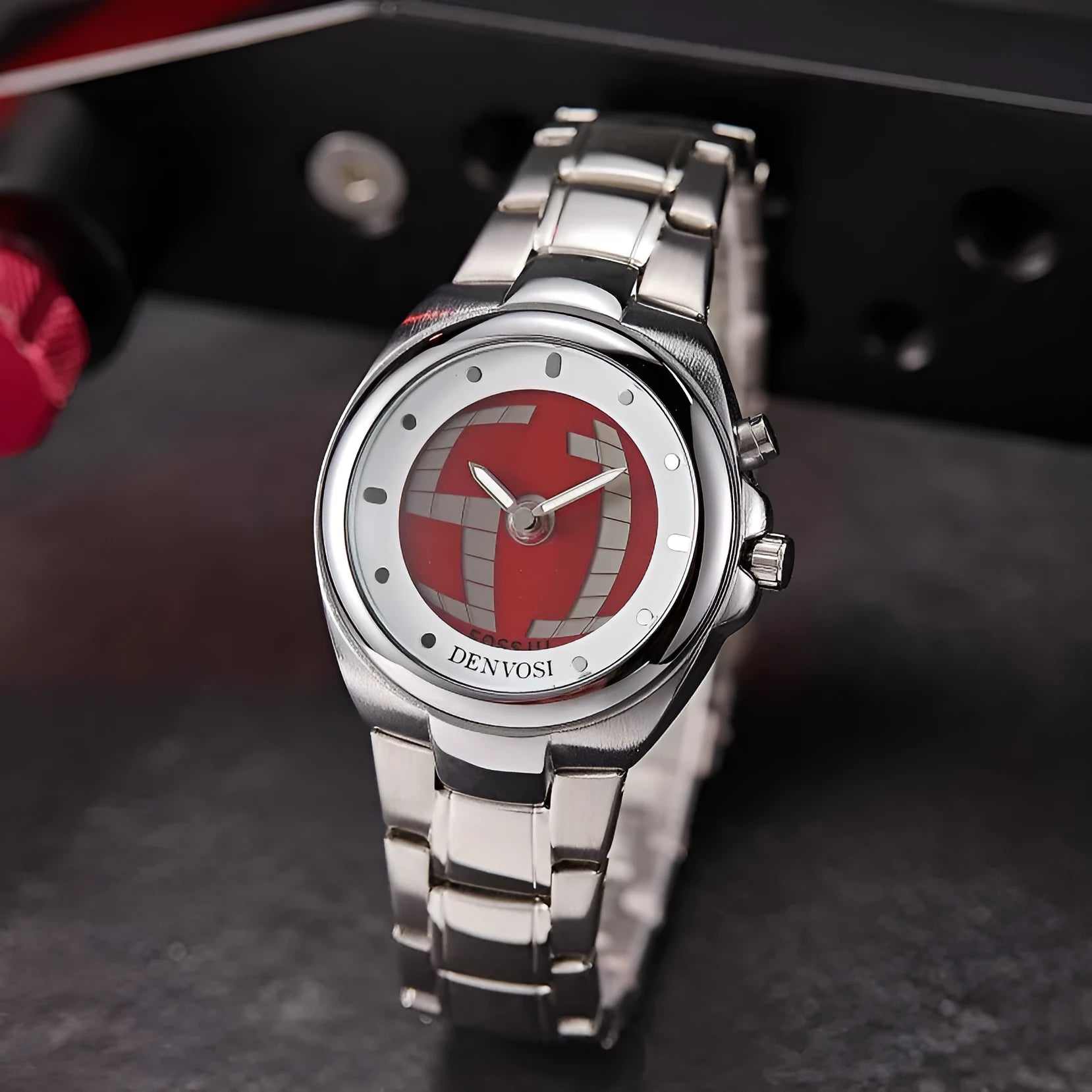 Y2K vintage digital watch with dual display showing 40mm red face and alloy strap