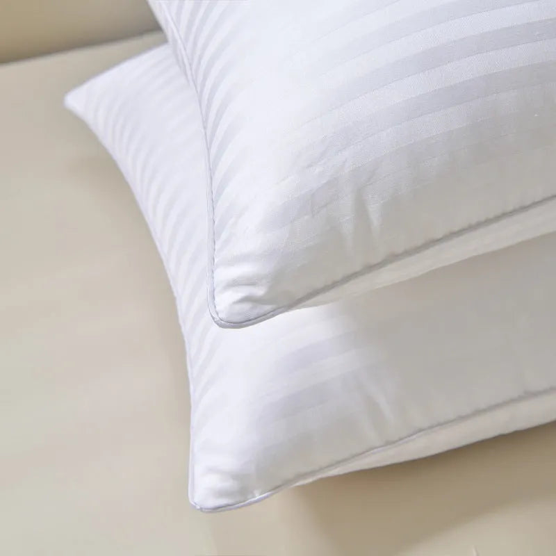 White hotel cotton satin stripe feather pillow showing size options and feather cotton filling