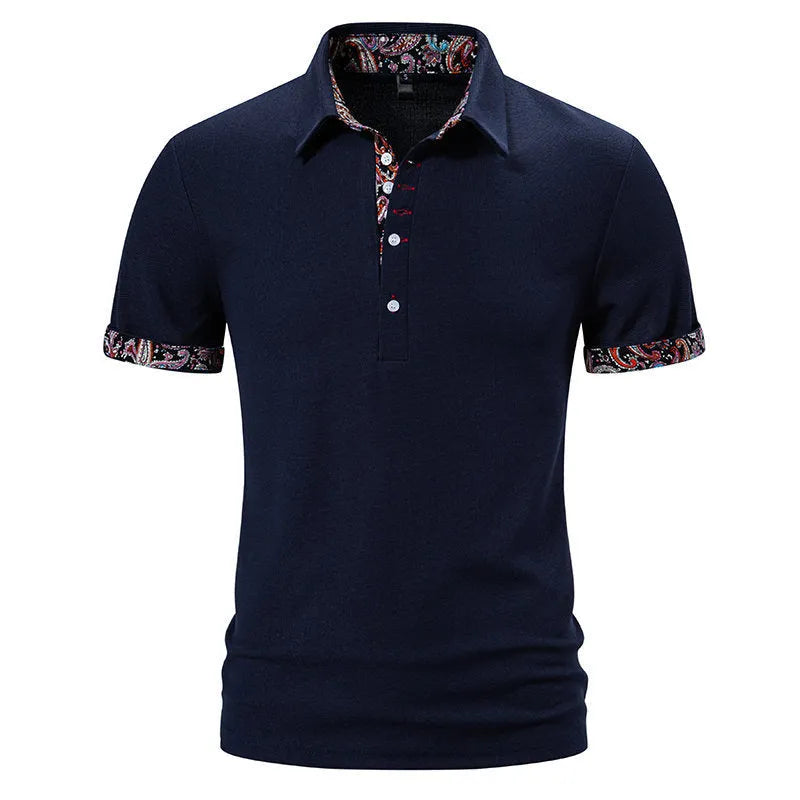 Men's short sleeve polo shirt in navy blue with colour stitching on the turnover neck.