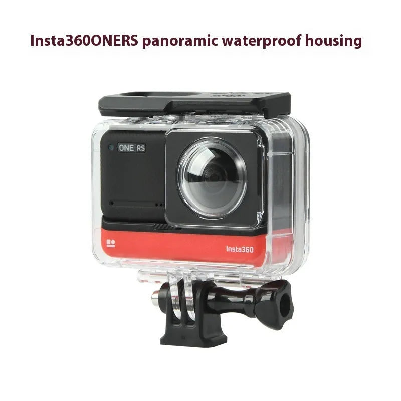 Transparent waterproof case for Insta360 One RS panoramic camera showing dimensions